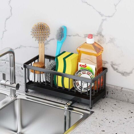 Organizador de fregadero de cocina, soporte de esponja de cocina de acero inoxidable con bandeja de drenaje automático, contenedor de almacenamiento de cocina