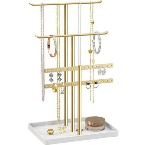 Organizador de joyas de 3 niveles - Soporte resistente para 80 piezas de joyería - Soporte para joyas chapado en oro - Organizador de joyas para collares, pendientes, pulseras y anillos - Regalo para 