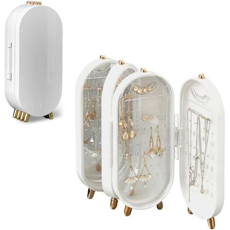 Organizador de joyas, expositor de pendientes de acrílico plegable, joyero de plástico plegable, expositor de collares con espejo, para pendientes y collares (blanco)