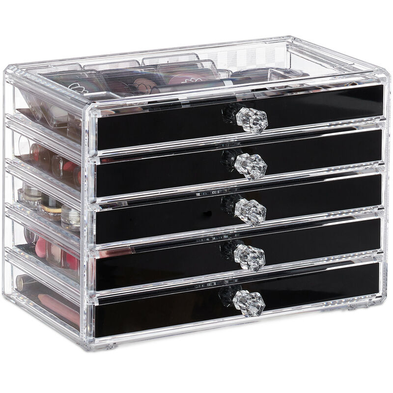 

Organizador de maquillaje, Cinco cajones, Caja para cosméticos, Fundas protectoras, Negro