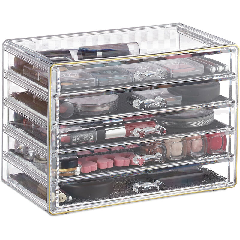 

Organizador de maquillaje, Cinco cajones, Caja para cosméticos, Fundas protectoras, Transparente-oro