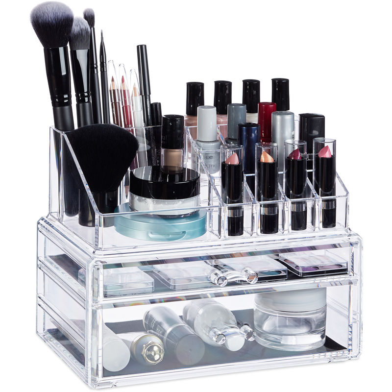 Organizador de Maquillaje con 2 Cajones, Acrílico, Transparente, 19 x 23.5 x 14 cm - Relaxdays