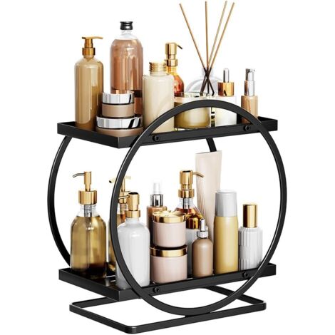 Organizador de maquillaje para tocador, baño de 2 niveles - Organizador de encimera de baño - Estante de almacenamiento de metal para perfumes, dormitorio (redondo negro)