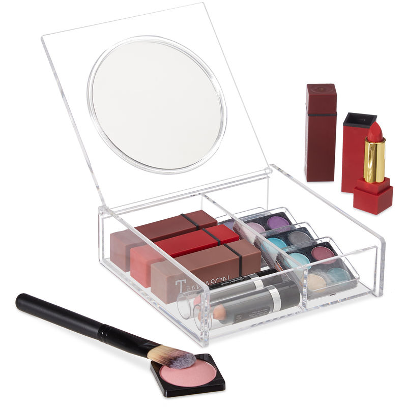 Transparente Tapa con Espejo Relaxdays Organizador de Maquillaje Acr/ílico Dos Compartimentos 4,5 x 15 x 15 cm