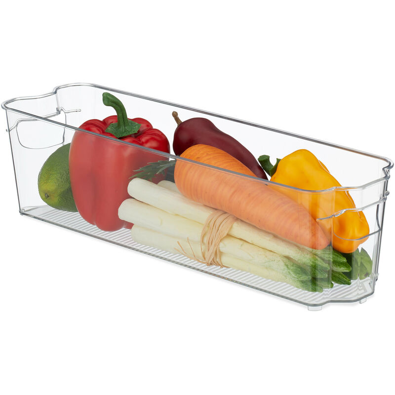 Organizador de Nevera 10x38x10,5 cm, Almacenaje de Alimentos, Caja para Frigorífico con Asas, Transparente - Relaxdays