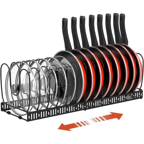Organizador de ollas y sartenes para cajón de cocina, organizador de tapas con 14 compartimentos ajustables, soporte para ollas y organizador de tapas para cocina, color negro