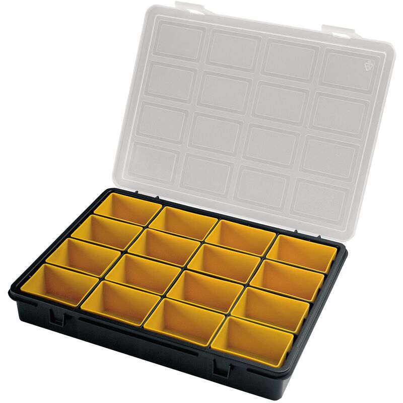 

Organizador de plástico con 16 cajas extraíbles en el interior L242xP188xH37 mm.