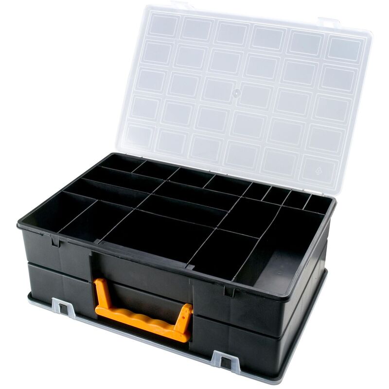 

Organizador de plástico doble L 360 x P 252 x H 128 mm con separadores, tapa transparente