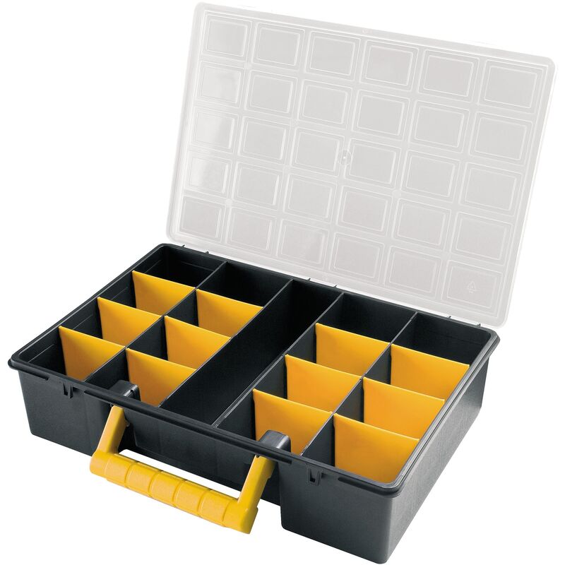 

Organizador de plástico L362 x P250 x H85 mm con separadores extraíbles, tapa transparente