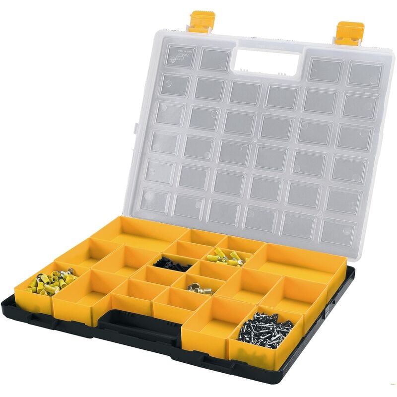 

Organizador de plástico L372 x P314 x H40 mm con 2 cajas grandes extraíbles en el interior + 8 medianas + 10 pequeñas, tapa trasparente
