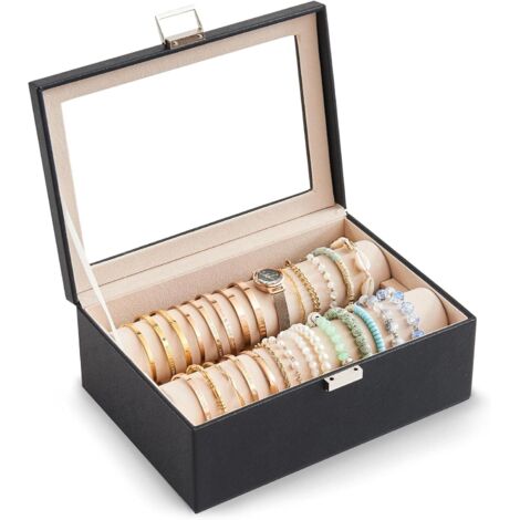Organizador de pulseras, soporte para exhibir pulseras, joyero, caja de almacenamiento con ruedas para pulseras y relojes, estuche con tapa transparente para mujeres y niñas, negro