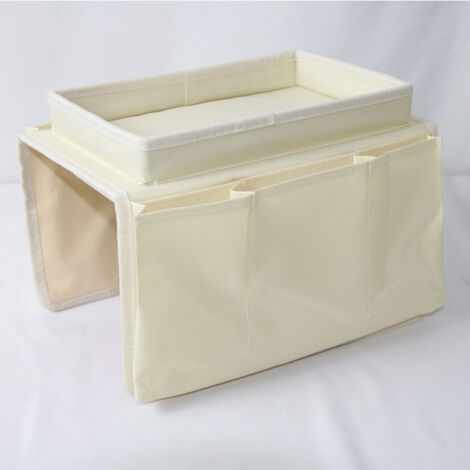 Organizador de reposabrazos para sofá, bandeja de almacenamiento con múltiples bolsillos, para teléfono, revistas, aperitivos, vasos, control remoto, tableta, almacenamiento de tazas (beige) - RWAther