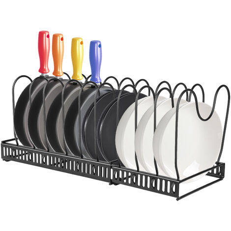 Organizador de Sartenes, Soporte Sartenes de Cocina, Estante de Sartenes con 10 compartimnento Ajustable(Negro 30-58 cm)