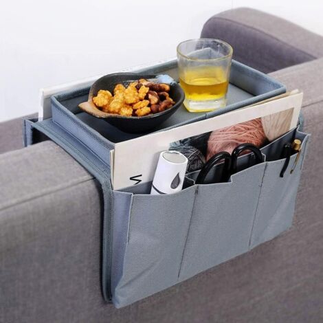 Organizador de sofá con cajón, organizador de reposabrazos con portavasos, almacenamiento para mando a distancia de TV, bolsa de almacenamiento para teléfono, tableta, libros, revistas, DVD, gafas, so