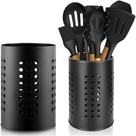 Organizador de utensilios de cocina de 2 piezas, de acero inoxidable negro, cesta para organizar utensilios de cocina y ollas.