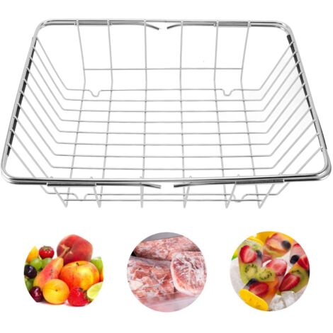 Organizador extensible de acero inoxidable para congelador, capacidad de carga de 20 kg, base plana, dimensiones: 30 x 37 x 40 cm.