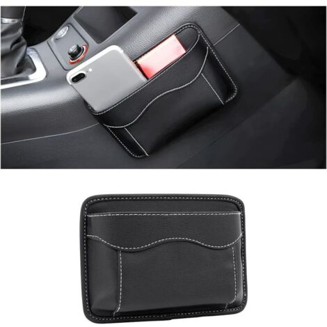 Organizador lateral para asiento de coche, mini organizador de cuero, bolsa de almacenamiento lateral para coche, para organizar documentos, archivos, teléfono, llaves y monedas (negro)