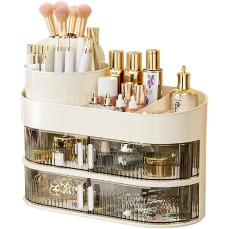Organizador Maquillaje de 3 Niveles Caja Maquillaje con Soporte para Brochas Ajustable Beauty Organizer Múltiples Funciones Soporte Almacenamiento Cosmeticos Makeup Skincare Expositor para Baño