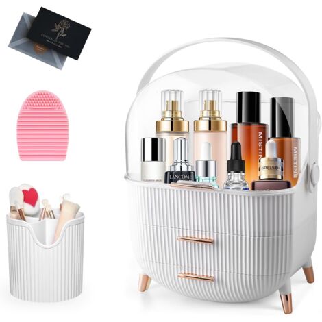Organizador Maquillaje,Organizador de Maquillaje con soporte para brochas,de plástico de 3 niveles con asa y tapa transparente,soporte Organizador Cosmeticos impermeable y a prueba de polvo