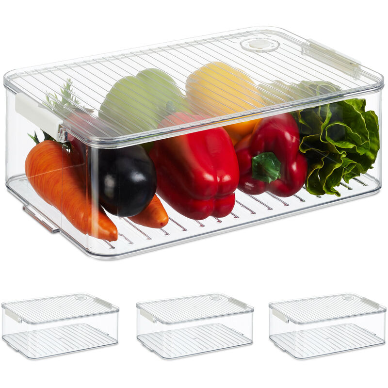 Organizador Nevera, Set de 4, Almacenaje de Alimentos, Caja para Frigorífico, 10,5 x 21 x 33 cm, Transparente - Relaxdays