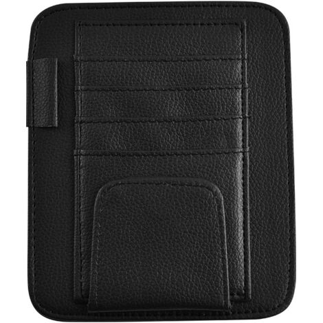 Organizador para parasol de coche, estuche universal de piel sintética, con tarjetero y espacio de almacenamiento para gafas, bolígrafos, tarjetas de crédito y dinero en efectivo, color negro.
