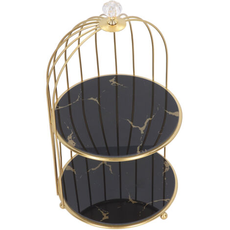 Organizador tipo jaula para pájaros con marco dorado y base negra, estante de almacenamiento de dos niveles para baño, tocador, elegante