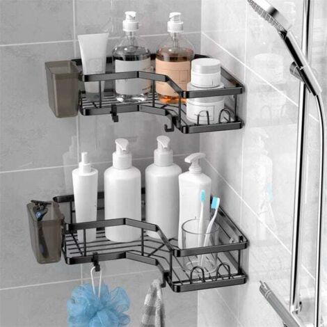 Organizer da bagno triangolare in ferro, design angolare, montaggio a parete, 2 ripiani + 2 scatole organizer + 4 ganci, nero, 27276,5 cm