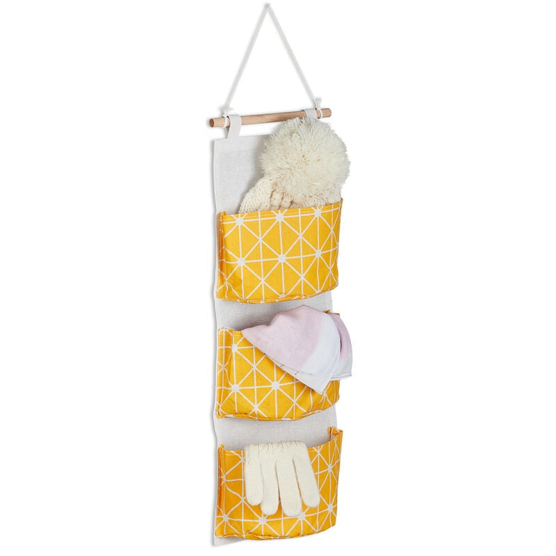 Image of Relaxdays Organizer da Parete, HxL: 74x20 cm, 3 Tasche in Cotone Portaoggetti da Appendere al Muro, Bagno, Crema Giallo