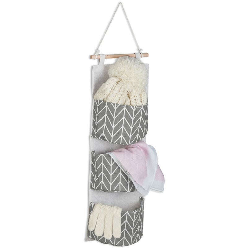 Image of Organizer da Parete, HxL: 74x20 cm, 3 Tasche in Cotone Portaoggetti da Appendere al Muro, Bagno, Crema Grigio - Relaxdays