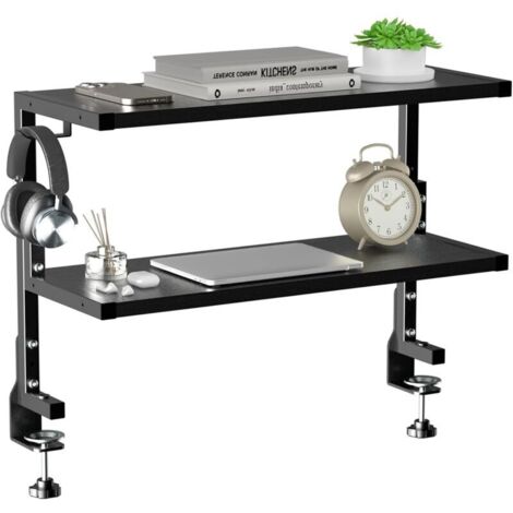 Organizer da scrivania con clip, ripiano a 2 livelli (superiore o inferiore), spazio per accessori personalizzabile, ripiano da cucina, nero