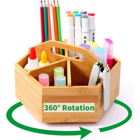 Organizer da scrivania girevole a 360° in bambù, portapenne in legno con manico, organizer da tavolo, 6 scomparti di grandi dimensioni come organizer da scrivania per ufficio, organizer per trucchi