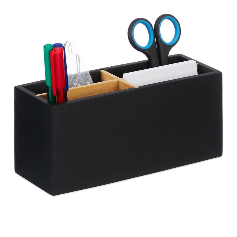 Organizer da Scrivania, in Bambù, 4 Scomparti, Portapenne da Ufficio, Box Cosmetici, hlp 8 x 21 x 9 cm, Nero - Relaxdays