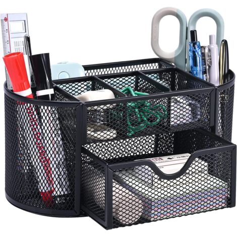 Organizer da scrivania in rete metallica con cassetto e portapenne per penne, post-it, spillatrici, graffette, compatto ed elegante per risparmiare spazio.