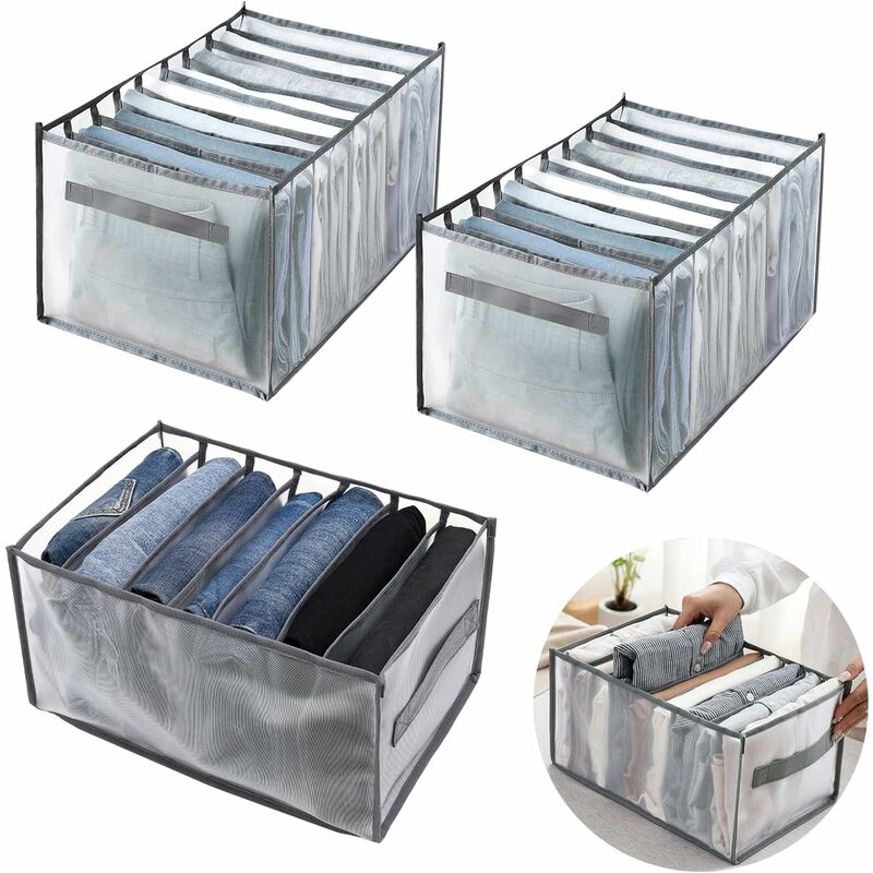 Image of Organizer per armadio a 3 pezzi, scatola portaoggetti per jeans, scatola portaoggetti con divisori per cassetti in rete, scatola portaoggetti per