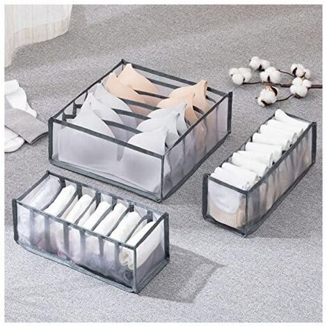 Organizer per armadio – Confezione da 3 – 6, 7 e 11 scatole – Grigio – Sistema per armadio – Organizer per vestiti – Rete – Contenitore per biancheria intima, reggiseni e calzini