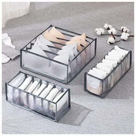 Organizer per armadio – Confezione da 3 – 6, 7 e 11 scatole – Grigio – Sistema per armadio – Organizer per vestiti – Rete – Contenitore per biancheria intima, reggiseni e calzini