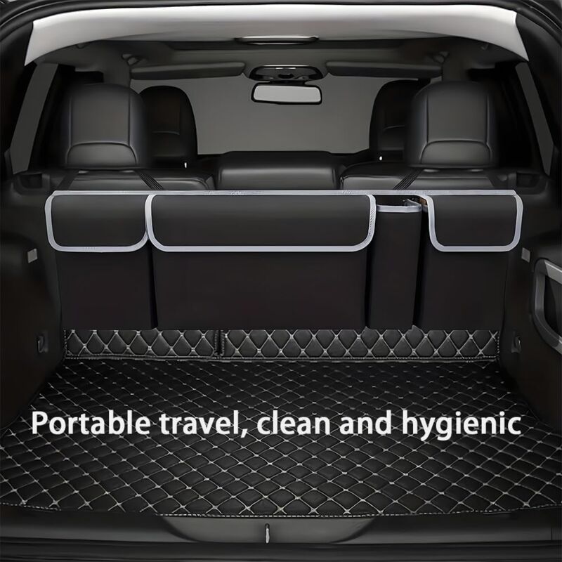 Image of Organizer per bagagliaio auto - 90 x 25 cm - Borsa portaoggetti per sedile posteriore - con 4 tasche - Pieghevole e impermeabile - Nero