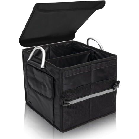 Organizer per bagagliaio piccolo, portatile, nero e multifunzionale, con coperchio e doppio scomparto.