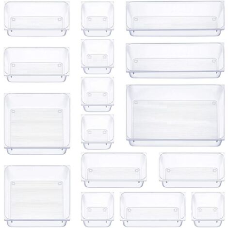Organizer per cassetti da 16 pezzi, 5 misure, organizer per trucco antiscivolo per ufficio, toeletta, bagno e cucina (trasparente)