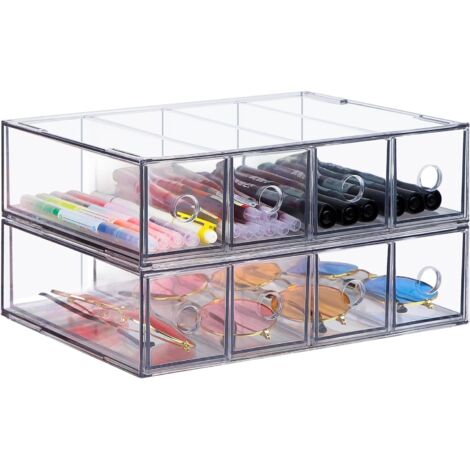 Organizer per cassetti da 2 pezzi con 8 scomparti, organizer da scrivania impilabile con cassetto rimovibile, scatola portaoggetti multifunzionale per cancelleria, midollo, scrivania, occhiali da sole