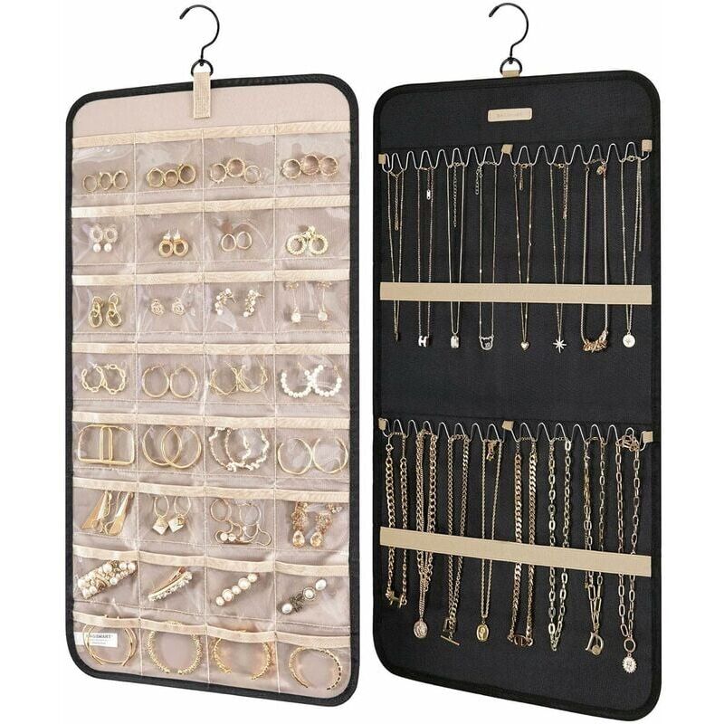 Image of Organizer per gioielli sospeso con ganci in metallo, portagioie bifacciale per orecchini, collane, anelli su armadio, parete, porta, 1 pezzo, medio,