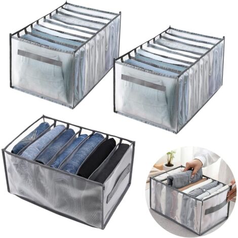 Organizer per guardaroba da 3 pezzi, contenitore per jeans, contenitore con divisorio per cassetti in rete, contenitore per camicie (7, 9, 9 griglie, grigio)