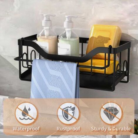 Organizer per lavello da cucina, porta spugna per piatti in acciaio inox 304, spazzola per sapone con vassoio di scarico automatico (nero)