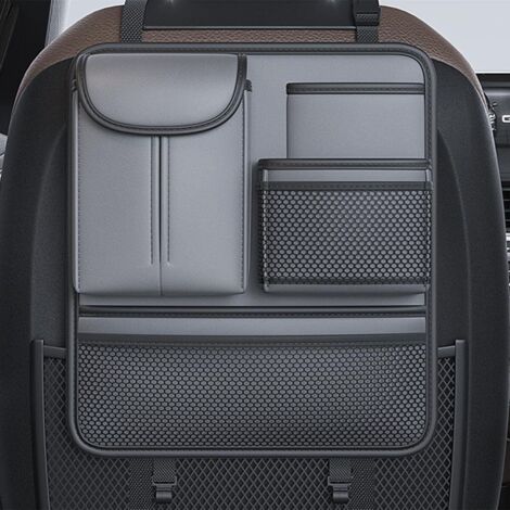Organizer per seggiolino auto in pelle con schienale per seggiolino auto con 5 tasche portaoggetti per accessori da viaggio, elementi essenziali per il viaggio su strada (Grigio)