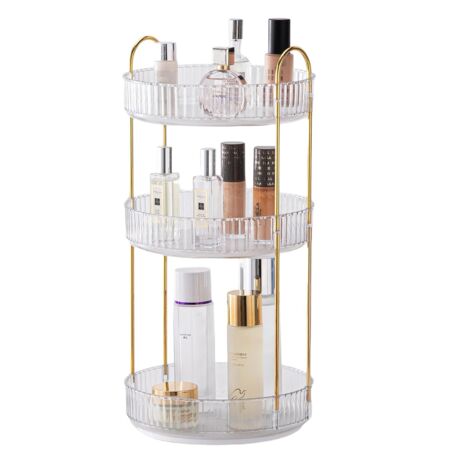 Organizer per trucco rotante, contenitore per trucco rotante a 360°, organizer per cosmetici, espositore per cosmetici, organizer per profumi per cassettiera da bagno (3 strati, trasparente)
