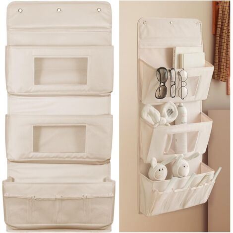 Organizer portaoggetti da appendere alla porta a 3 livelli - Borsa portaoggetti da appendere alla parete con tasche in rete e 3 ganci adesivi per camera da letto, bagno, armadio - Beige