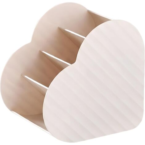 Organizzatore cosmetico a forma di cuore con quattro scomparti, supporto da tavolo a più livelli, bianco, design aperto.