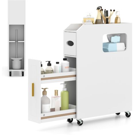Organizzatore da 16 cm stretto e slim con portascopino e ruote con freno, Mobiletto da bagno piccolo per spazi ridotti Bianco