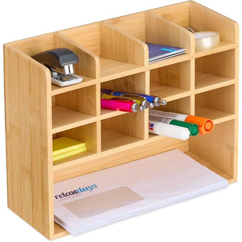 Organizer da Scrivania, con 13 Scomparti in Bambù Portapenne e Portadocumenti, 21x27x10 cm, Ufficio, Naturale - Relaxdays