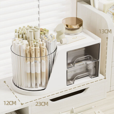 Organizzatore da scrivania, portapenne girevole a 360° con 2 cassetti, scatola portaoggetti multifunzionale per casa, scuola, ufficio, cosmetici, matite, materiale artistico